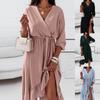 Women's Fashionable Elegant Color V-Neck Ruffle Long Sleeve Dress