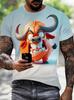 Fun Bull Pattern 3D Printed T-shirt Summer Men's Casual Fashion Round Neck Fashion Trendy Harajuku Personalized Short Sleeve Street Wear