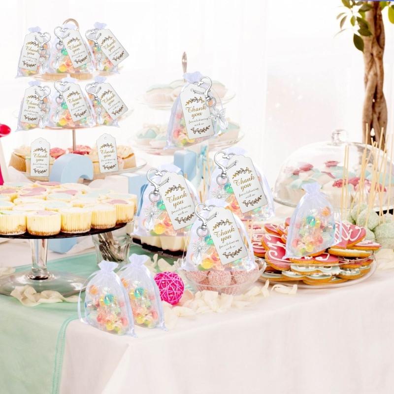 30Pcs Angel Wing Charm Keychain Decorative Key Holder with Drawstring Gauze Bag and Labels for Baby Showers Wedding
