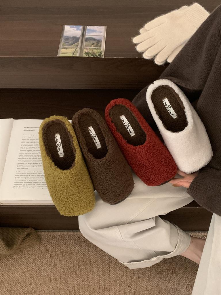 Retro Lamb Wool Plush Slippers Women's Outer Wear 2025 New Small Fragrant Splicing Lazy One-pedal Cotton Mop