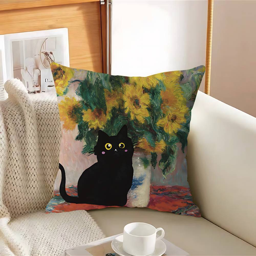 Svart Katt Kuddfodral Avtagbart Tvättbart Kuddöverdrag – Mjukt Linne för Alla Årstider