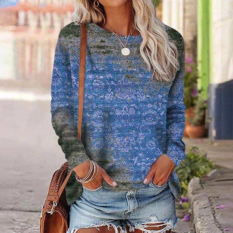 Gradient Vintage Women's T-shirts Autumn Long Sleeves T Shirt Tops Designer Casual Loose O-neck Women Clothing Pullover