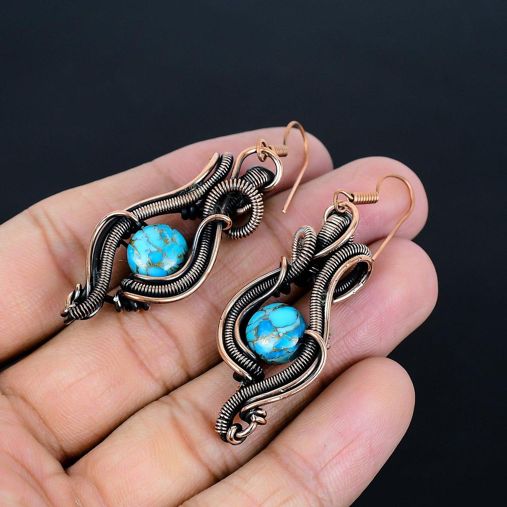 Blue Copper Turquoise Handmade Gemstone Earrings,  999 Copper Wire Wrap Earrings Antique Jewelry, For Engagement Gift