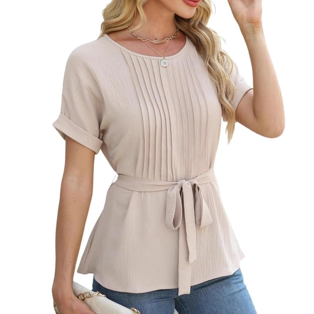 Women's T-shirt Spring and Summer New Casual Shirt Ruffled Round Neck Short Sleeve Top Fashion Women