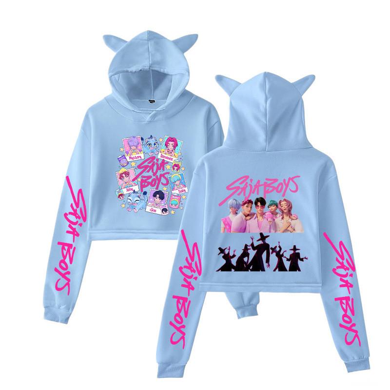 Kpop Demon Hunters Printed Short Hoodie With Cat Ears For Girls Summer Casual Wear