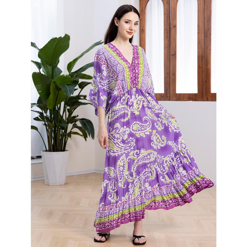 Plus Size Boho Kaftan Dress, Women's Plus Maxi Cover Up Dress