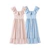 LYRIA Elegant Blue Striped Ruffled Button Long Dress Women Slim Square Neck Sleeveless Party Female Dresses Lady Robe