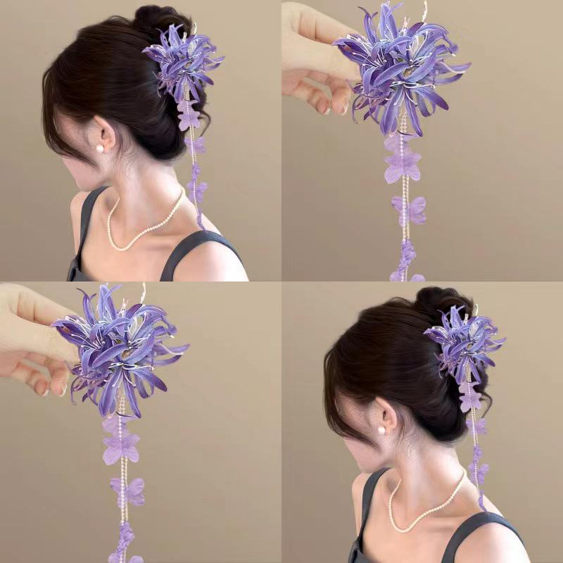 Purple Lycoris Tassel Claw Clip: Elegant Spring/Summer Hair Accessory.