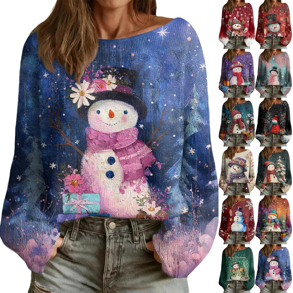 Women's Fashion Round Neck Long Sleeve Christmas Print Casual Pullover Sweater Top
