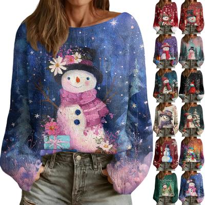Damenmode Rundhals Langarm Weihnachtsprint Lässiger Pullover Sweater Top