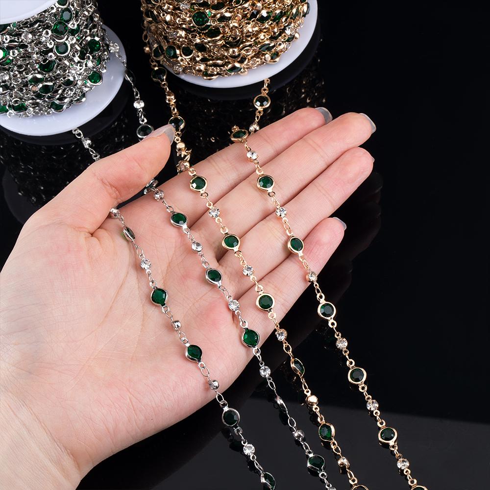 1meter Green Round Glass Beads Chain Crystal Bead Copper Stick Chains for DIY Necklace Bracelet Making Jewelry Findings Supplies