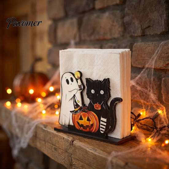 Unique Holiday Kitchen Decor Happy Halloween Wooden Napkin Holder, Cute Ghost Pumpkin Black Cat Tissue Holder for Paper Dispenser, Vertical