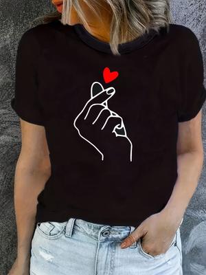 Damen Freizeit T-Shirt mit Rundhalsausschnitt und Herzgesten-Grafikdruck, Kurzarm, Strickstoff-Oberteil, Ganzjahresmode