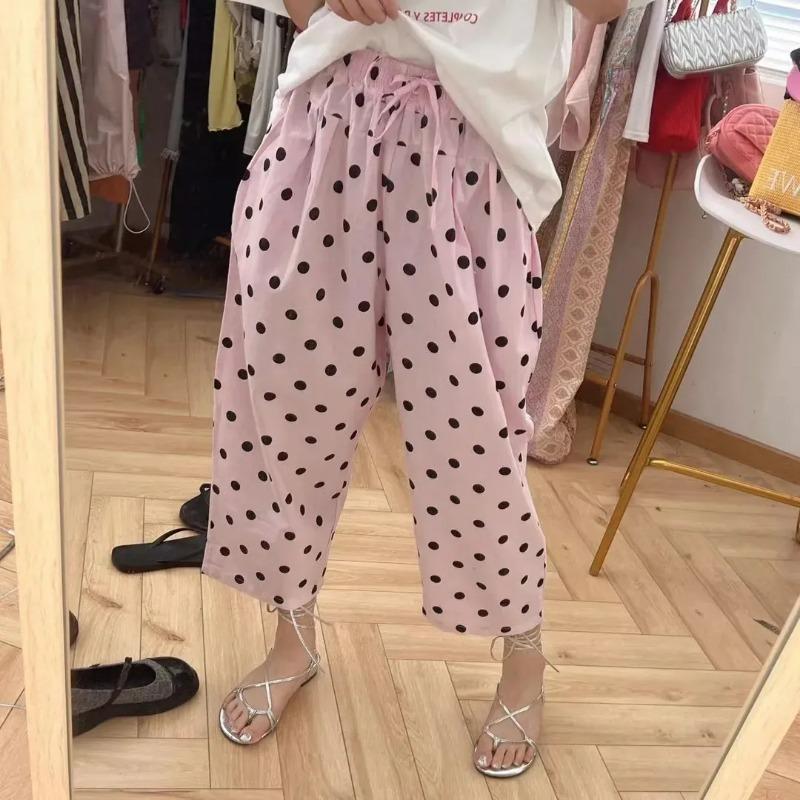 Women Pink Polka Dot Elastic Waist Wide Leg Cropped Pants Casual Summer Trousers L розовый