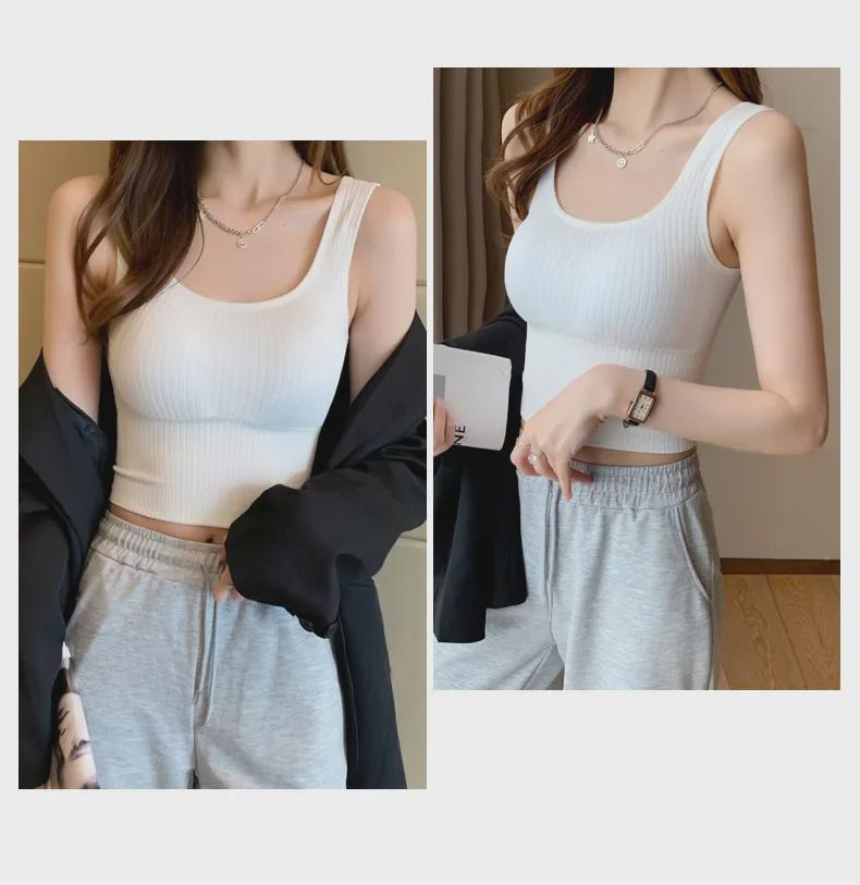 Women's Knitted Wide-Strap Sports Vest with Chest Pads - Strapless Base Top for Spring & Summer