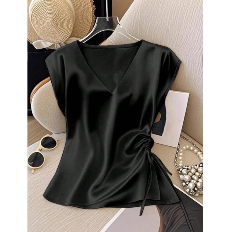 Leichtes Sommer-T-Shirt für Damen, V-Ausschnitt, Unifarben, Satin-Kurzarmhemd, Elegantes figurbetontes Oberteil