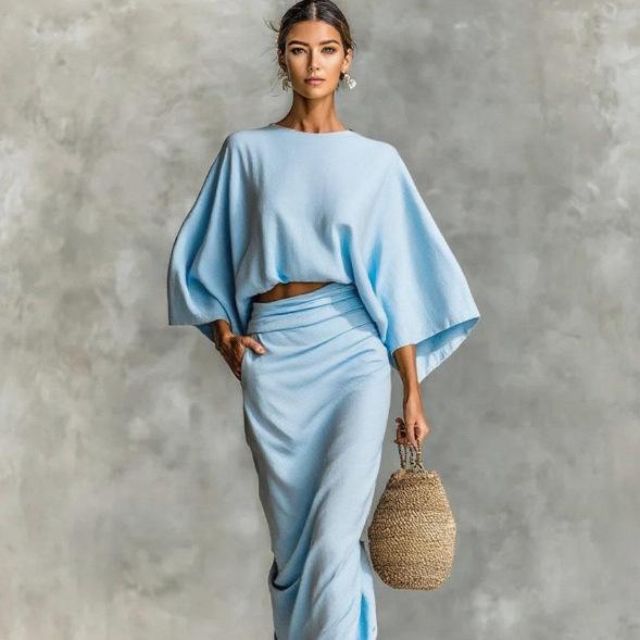 

Light Beige Linen Two Piece Set Cropped Top Long Skirt Casual Summer Outfit XXXL небо синє кольору