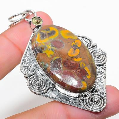 Natural Bamboo Jasper, Citrine Gemstone 925 Sterling Silver Pendant 2.84" N4g35