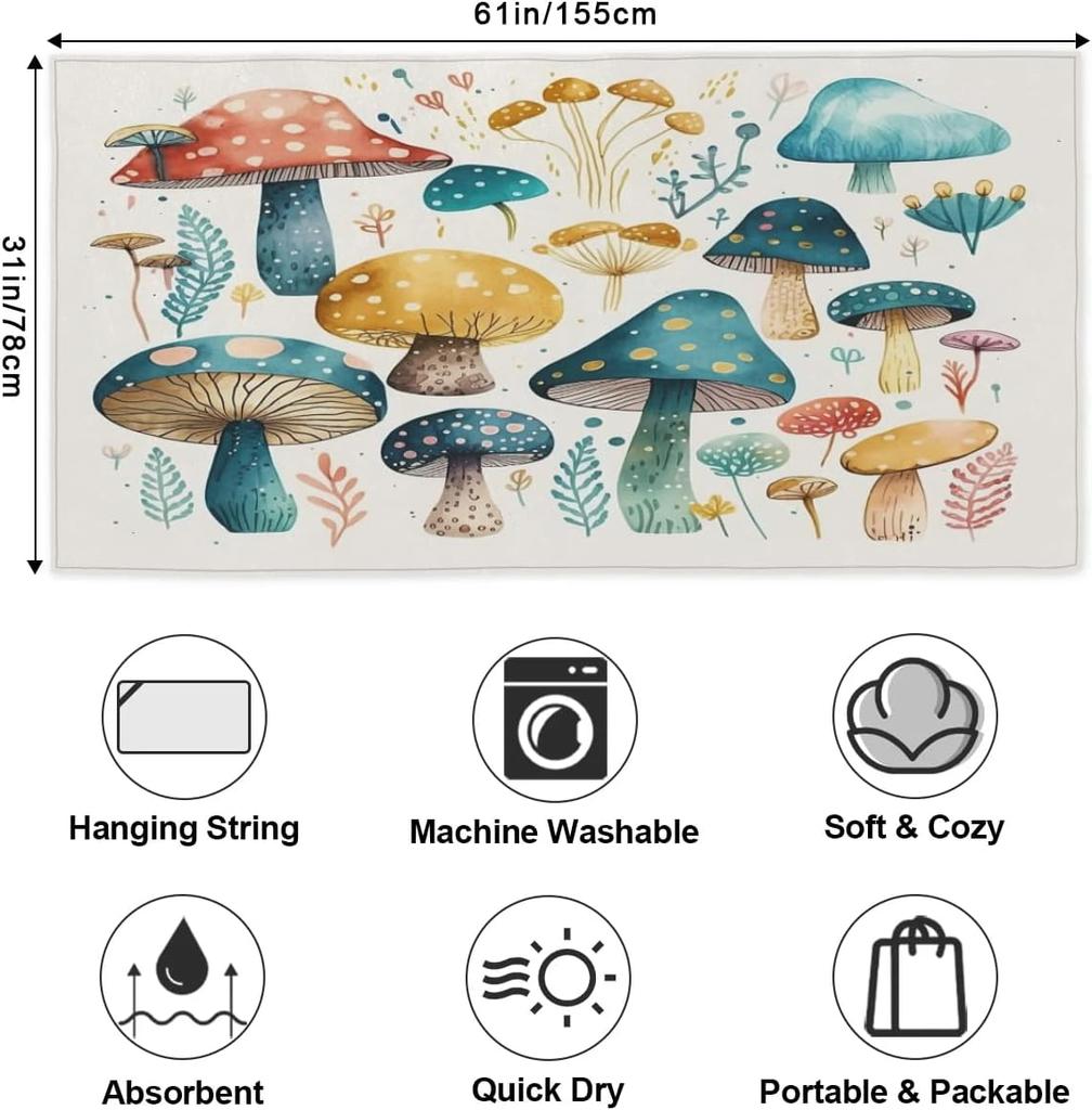 Mushroom Blue Large Beach Towel Microfiber Beach Towels for Adults Quick Dry Pool Towel Travel Compact Bath Towel Sandproof