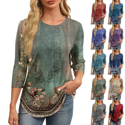 Women's Fashionable Round Neck 3/4 Sleeve Printed Casual Basic Pleated Pullover T-shirt Top