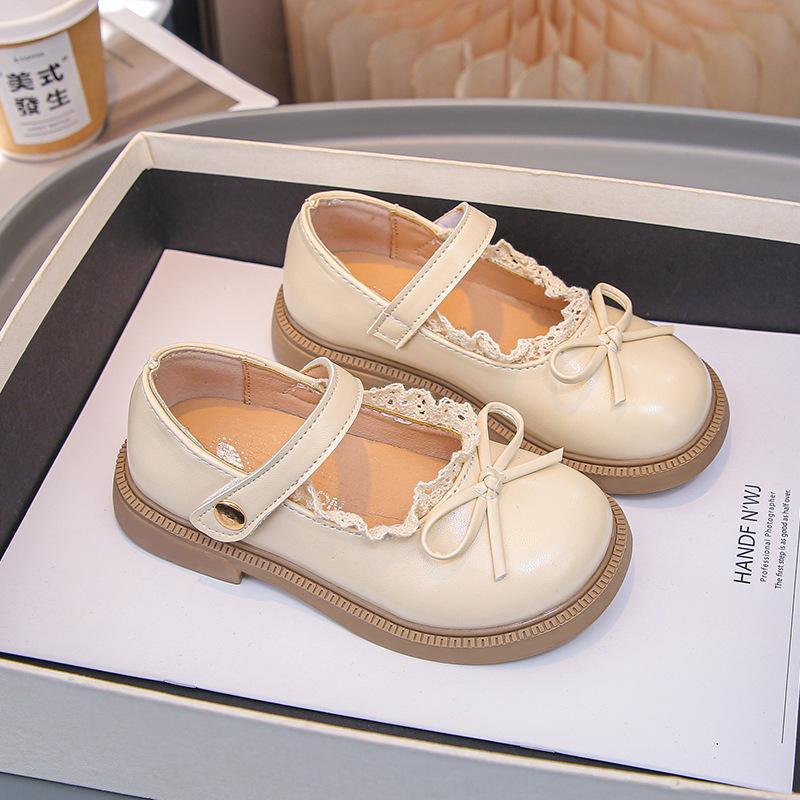 

Girls Leather Shoes with Simple Bows Children Princess Shoes Versatile Soft Bottom 2025 Spring Autumn New Kids Flats Round Toes 23 бежевый