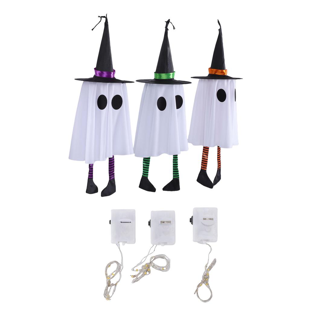 3 Pcs Light Up Ghosts Decor with Witch Hat Spooky Hanging Lighted Glowing Ghosts for Yard Garden Tree Porch