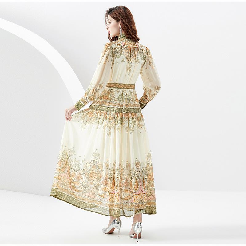 Spring New Style Women's Retro Vacation Style Stand-up Collar Lantern Sleeve Long Skirt Printed Dress Fashion Trend Beach Style Long Dress