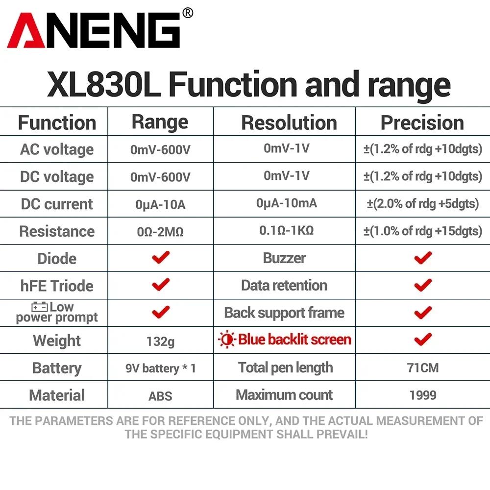 Multifunctional ANENG XL830L Digital Multimeter Smart Voltage AC/DC Resistance Ammeter HFE Triode Ohm NCV Diode Small Multimetro Tester Meter Tools