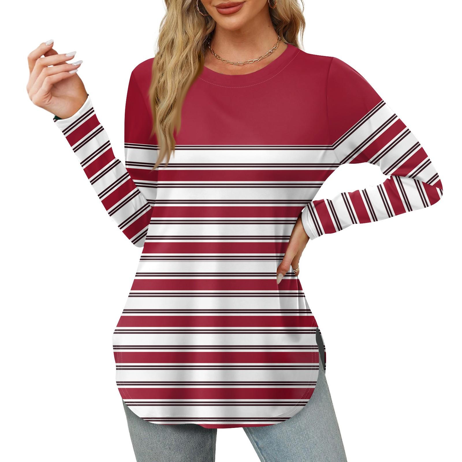 

Женская рубашка с длинными рукавами, круглым вырезом и боковым разрезом, винтажный повседневный топ с цветочным принтом и листьями XL красный