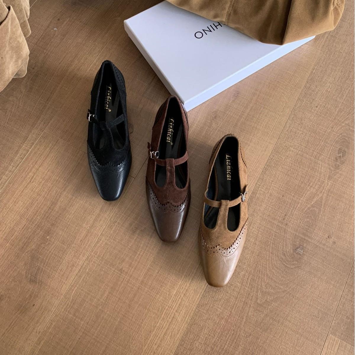 

2025 autumn and winter new round head engraved one-word belt inner thick heel soft sole commuter women s single shoes 39 коричневый