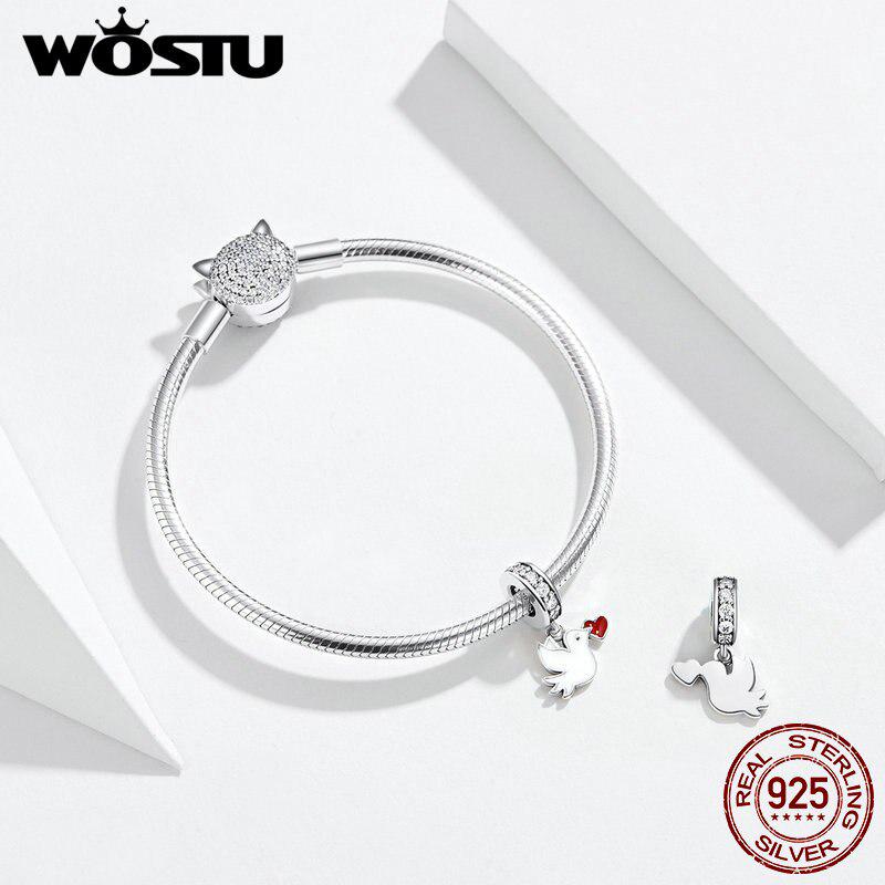 WOSTU Love Letter Pigeon Dangle Charm 925 Sterling Silver Heart Beads Fit Original Bracelet Pendant