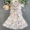 Romantic French Chiffon Print Ruffled Dress with Cinched Waist and Pleated Wide Hem