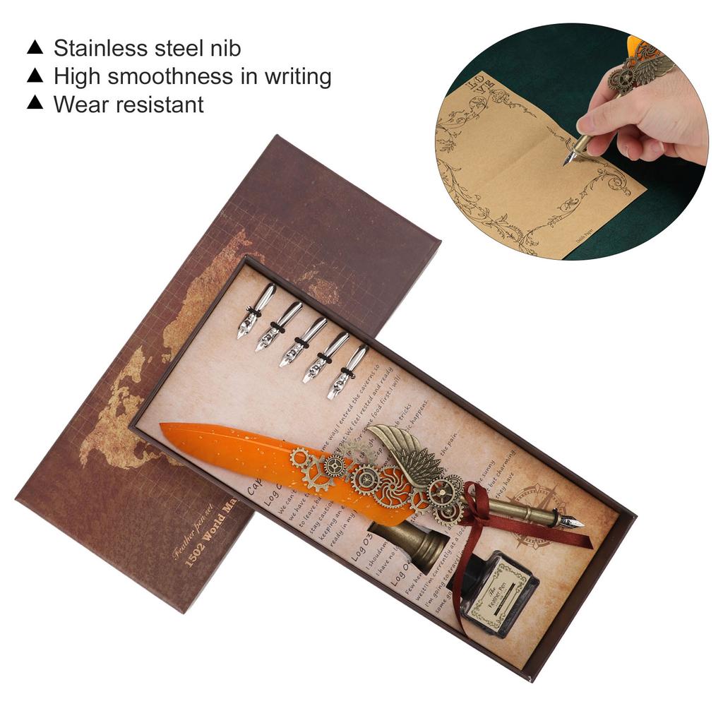 Quill Pen and Ink Set Writing Smoothly Vintage Carving Nib Natural Wear Resistant Pen and Ink Set