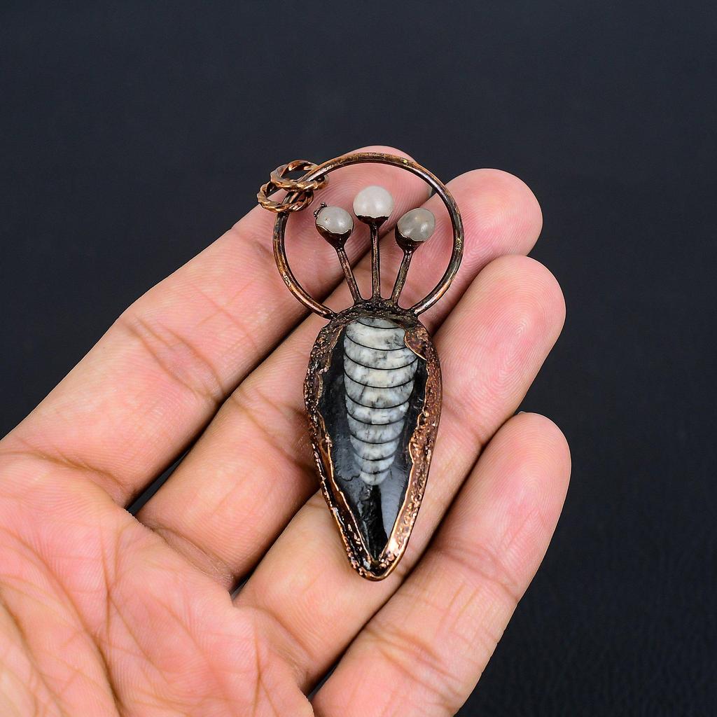 Orthoceras Fossil Jewelry, Copper Electroformed Pendant Handmade Gemstone Jewelry, Gifts For Wedding Pendant