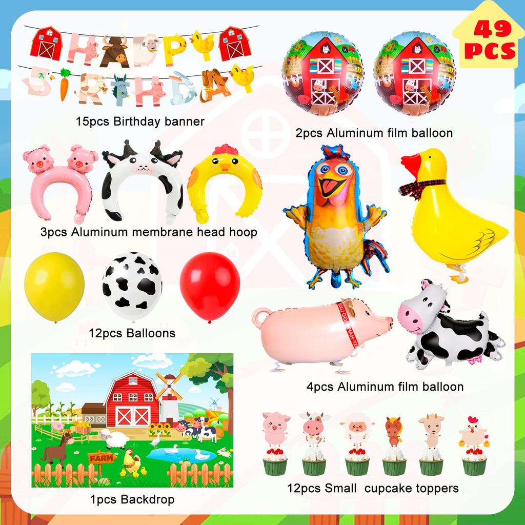 Farm Animal Birthday Decorations, 49pcs Farm Party Decorations Set-Farm Animal Balloons Head Hoop etc Farm Birthday Decorations Supplies for Kids