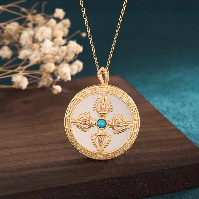 Nepalese Cross Vajra Pendant with Imitation Hetian Jade Amulet Necklace