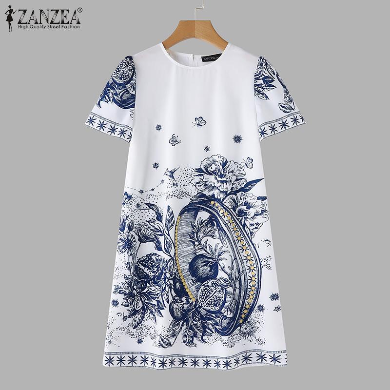 ZANZEA Damen Sommerkleider mit Rundhalsausschnitt und kurzen Ärmeln und bedruckter Taille