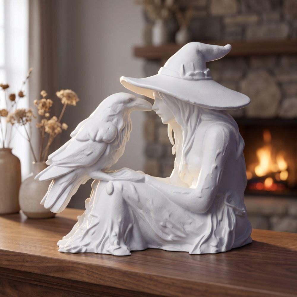 Desk Ornaments Witch Sculpture Gothic Style Halloween Decoration Bird and Girl Sculpture Office