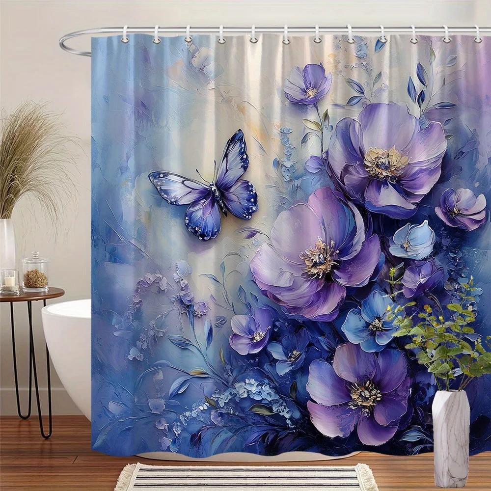 Purple Blue Floral Bouquet Butterfly Shower Curtain,Dreamy Digital Painting,Textured Flowers &Butterfly,Soft Gradient Background W90xH180cm