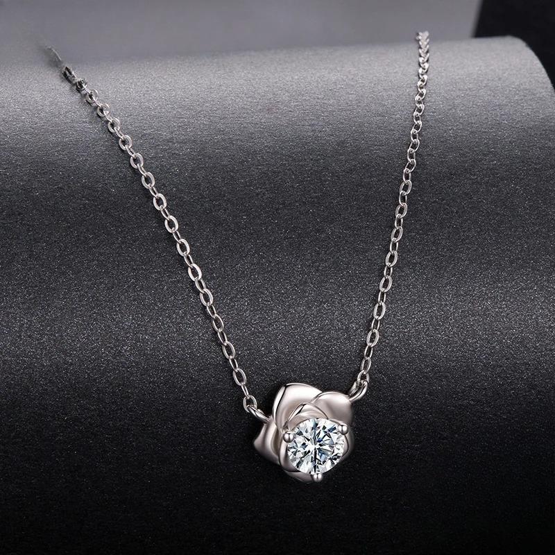 Moissanite Rose Flower Pendant Necklace Sterling Silver Round Cut Diamond O-Chain for Women Valentine's Day
