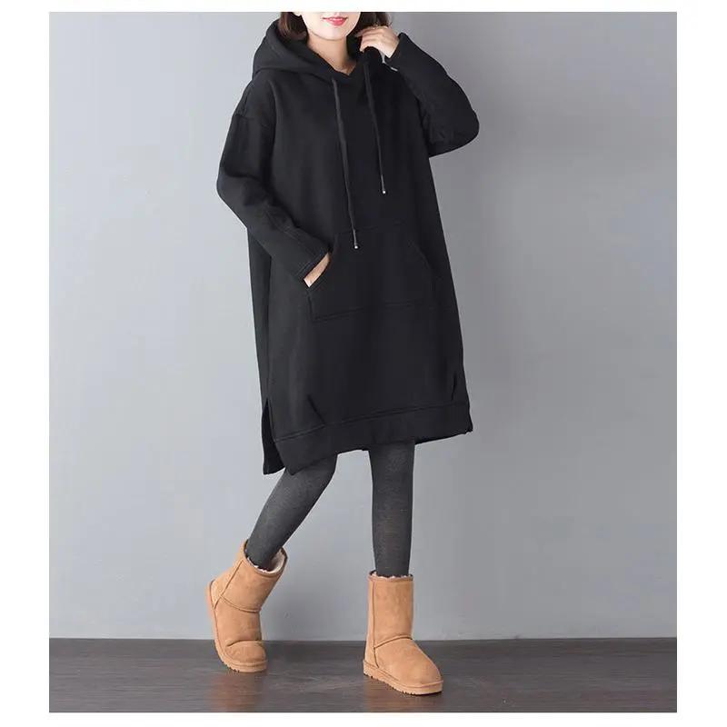 Autumn and Winter Clothes Large Size Mid-length Plus Velvet Thick Loose Sweater Hooded Split Jacket Ladies