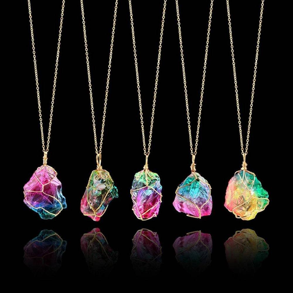 Fashion Retro Gold Color Chain Winding Wire Irregular Colorful Crystal Stone Pendant Necklace for Women Men Collar Chain Jewelry