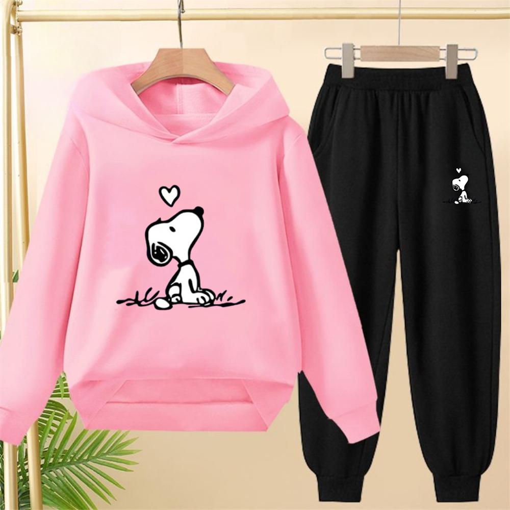 Children Snoopy Print Black Hoodie Pullover Boys Girls Coat Sweatshirt+Pants Toddler Clothes Autumn Winter Leisure Set