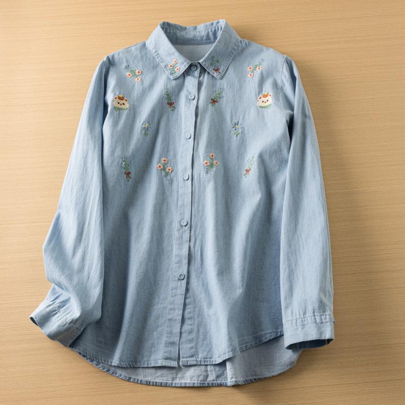 Women's Retro Cartoon Embroidered Cotton Denim Shirt - Long Sleeve, Casual Top for Spring/Autumn 2025