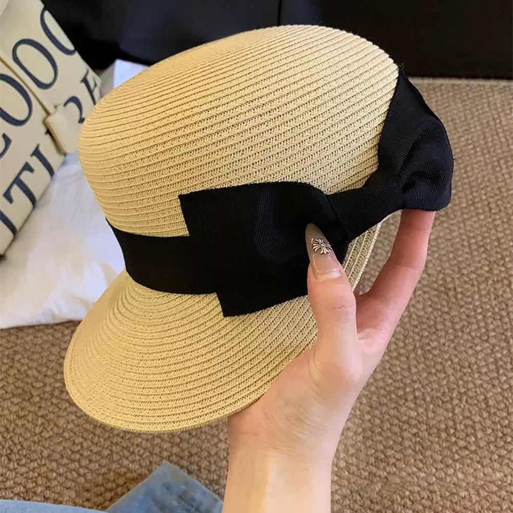 Elegant Straw Hat Sun Hats Women Summer French Retro Dome Top Hat Ladies Vacation Beach Straw Hat Black Bowknot Equestrian Hat