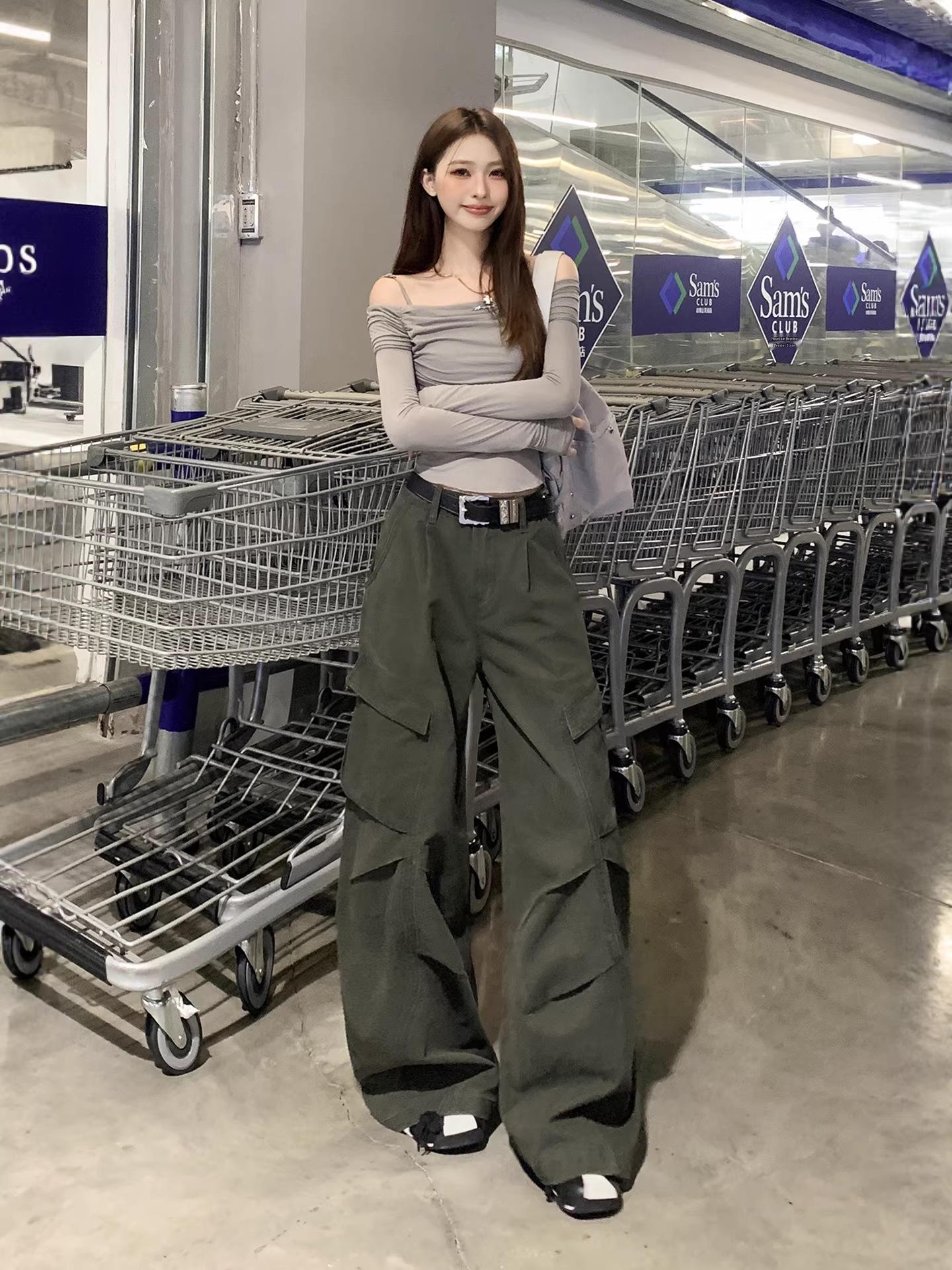 

Women s Loose Casual Khaki Retro Work Pants with Wrinkled Drape Design XS армия зеленый