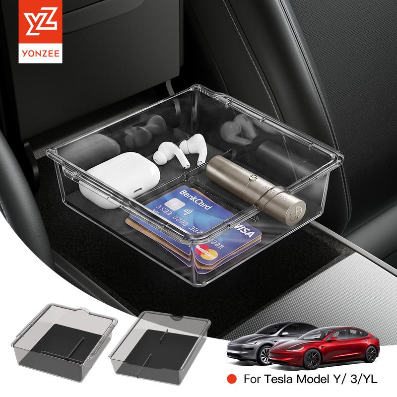 YZ For Tesla Model 3 Highland Y YL Juniper Center Console Storage Box ABS Silicone With Non‑Slip Mat Rear Armrest Car Accessorie