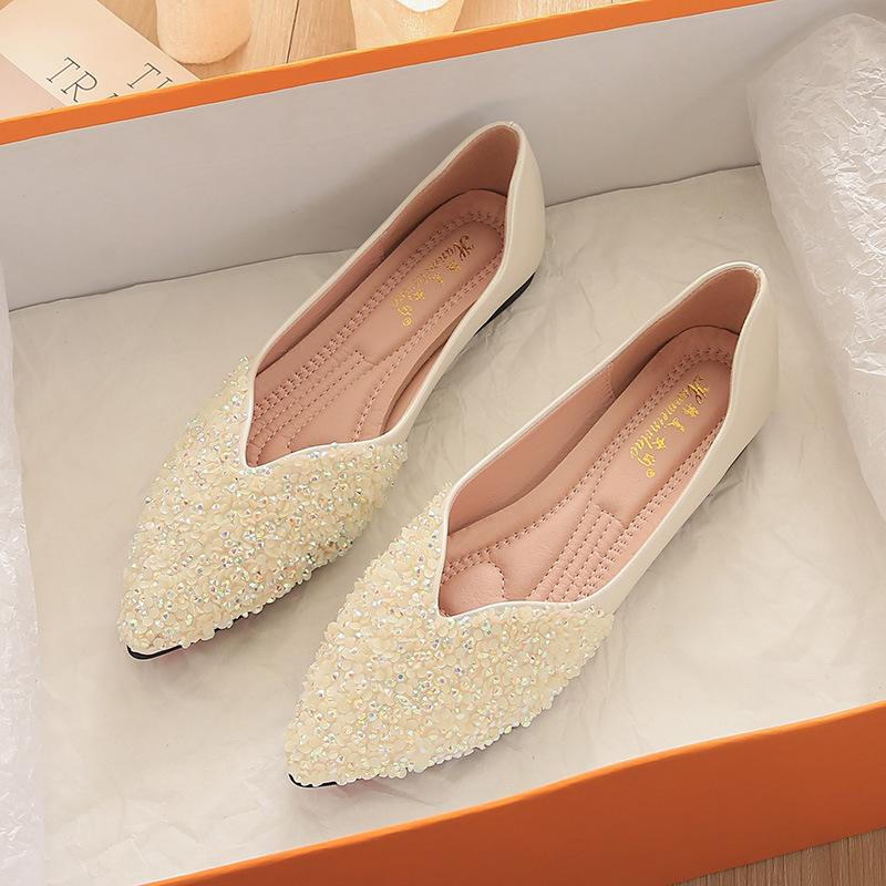 French Pointed Single Shoes Women's Summer 2025 New Rhinestone Flat-bottomed Autumn Ladyshoes Temperament Large Size Boat Shoes 41-43