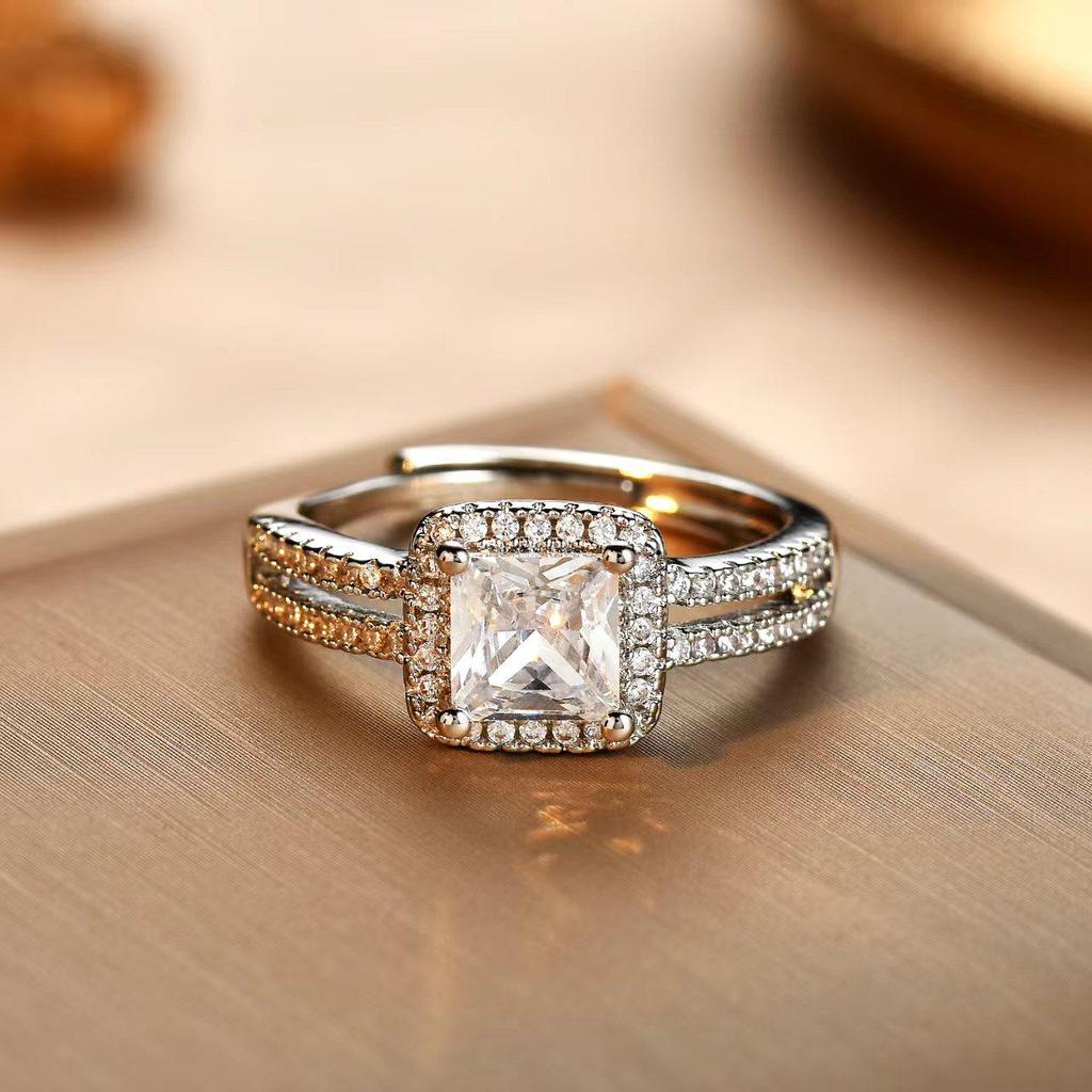 European and American High-End Luxury Square Diamond Ring – Women's Personalized Open Design, Super Shiny