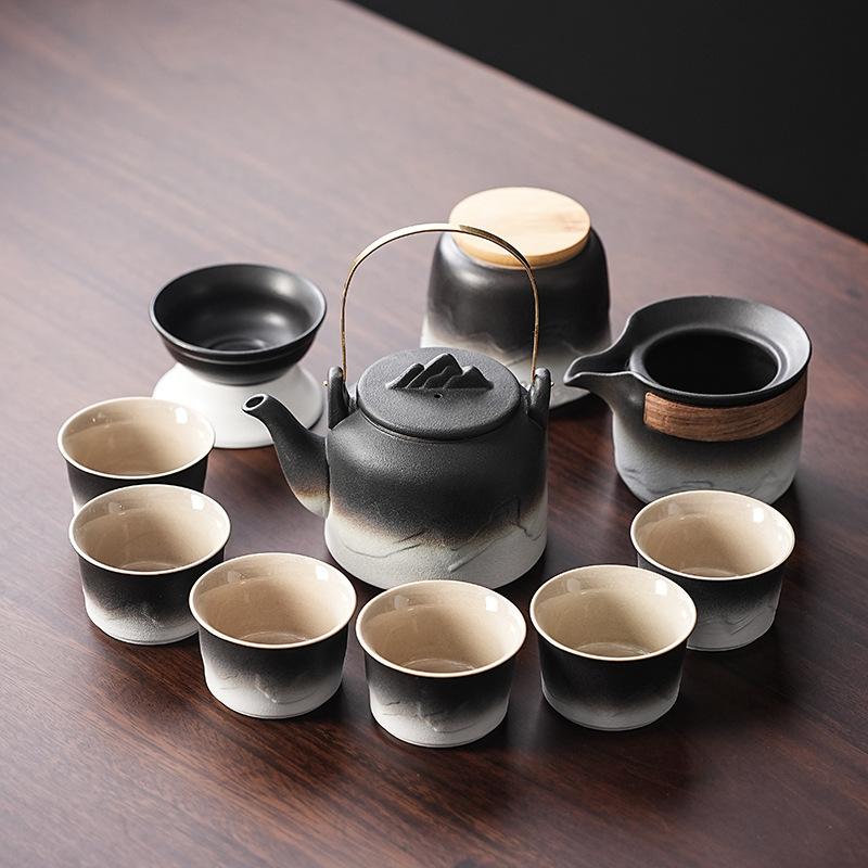 Japanese black pottery kung fu tea set retro gradual change home office living room teacup teapot tea set set gift